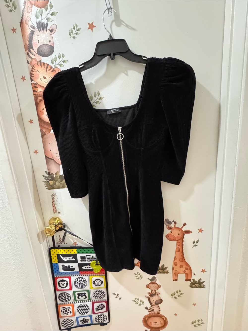 Berska Black corduroy Puff-Sleeve Mini Dress with Front Zip Detail